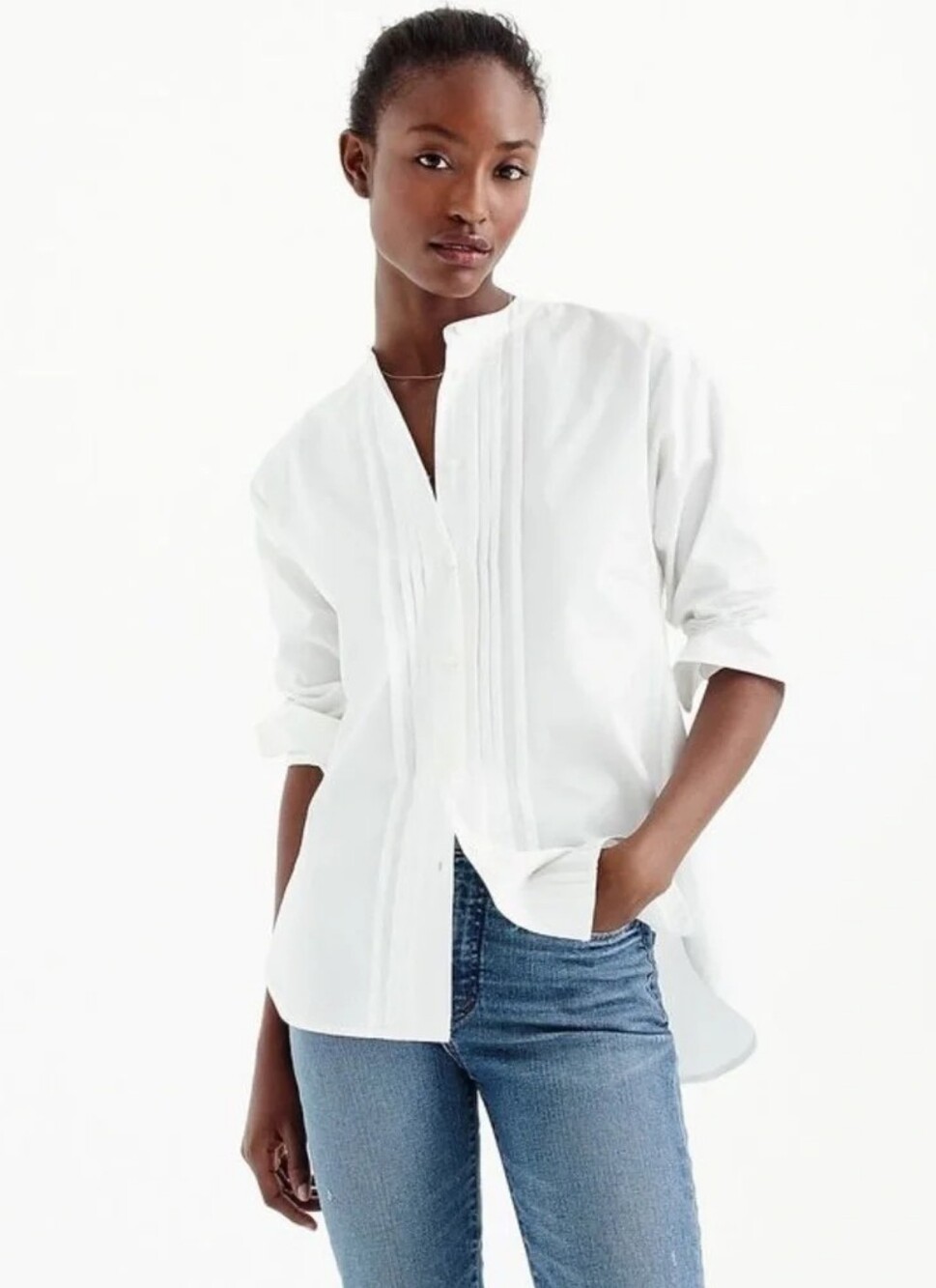 Thomas Mason for J.Crew collarless tuxedo shirt white cotton pleated women's 6